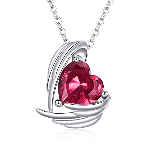 Qings Liebe Herz Anhänger Halskette - Sterling Silber Engelsflügel Halsketten Solitaire Kristall Zirkonia Vintage Schmuck für Frauen Mama Frau Freundin (Hirsch Juli) von Qings