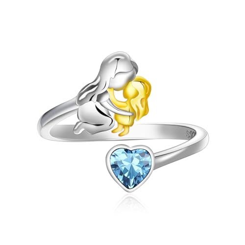 Qings März Aquamarin Geburtsstein Ring mit Mama Töchter Design 925 Sterling Silber Mutter und Tochter Herz Zirkonia Ring von Qings