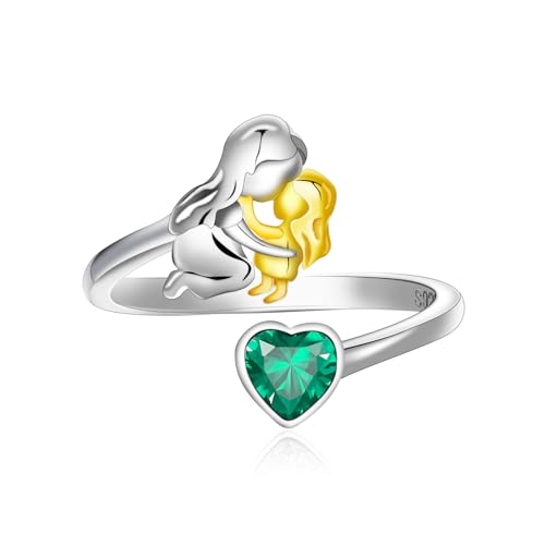 Qings Mai Smaragd Geburtsstein Ring mit Mama Töchter Design 925 Sterling Silber Mutter und Tochter Herz Zirkonia Rin von Qings