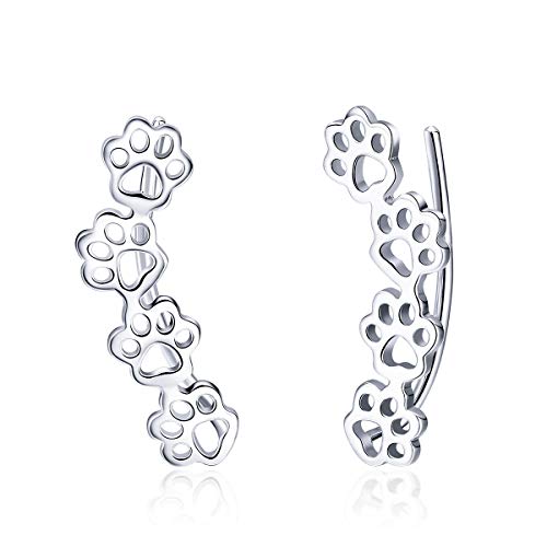 Qings Katze Paw Print Ohrringe: 925 Sterling Silber Nett Pfoten Ohrclip Ear Climber Ohrringe für Damen Tier Ohrklemmen Niedlich Katze Hunde Ohrring Mädchen, Ohr Schmuck Geburtstag Geschenke für Frauen von Qings