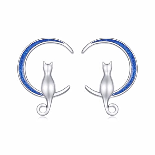 Qings Mond Katze Ohrringe Ohrstecker für Damen 925 Sterling Silber Blau Halbmond Süße Katze Tier Ohrstecker Geburtstag Geschenk für Frauen Mädchen von Qings