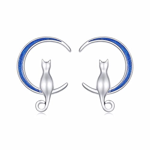 Qings Mond Katze Ohrringe Ohrstecker für Damen 925 Sterling Silber Blau Halbmond Süße Katze Tier Ohrstecker Geburtstag Geschenk für Frauen Mädchen von Qings
