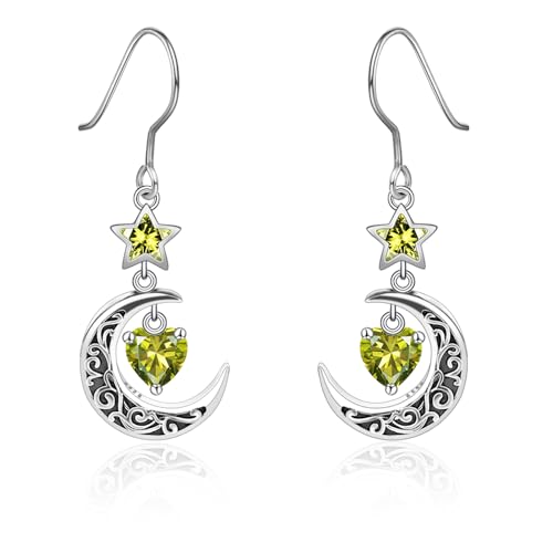 Qings Mond Ohrringe mit August Peridot Geburtsstein Sterling Silber 925 Keltische Mondsichel und Stern Herz Geburtsstein Cubic Zirkonia Tropfen Ohrringe für Damen Mutter von Qings