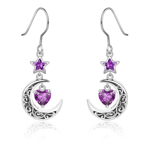 Qings Mond Ohrringe mit Februar Amethyst Geburtsstein Sterling Silber 925 Keltische Mondsichel und Stern Herz Geburtsstein Cubic Zirkonia Tropfen Ohrringe für Damen Mutter von Qings