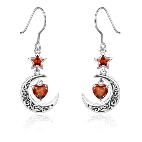 Qings Mond Ohrringe mit Januar Granat Geburtsstein Sterling Silber 925 Keltische Mondsichel und Stern Herz Geburtsstein Cubic Zirkonia Tropfen Ohrringe für Damen Mutter von Qings