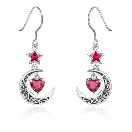 Qings Mond Ohrringe mit Juli Rubin Geburtsstein Sterling Silber 925 Keltische Mondsichel und Stern Herz Geburtsstein Cubic Zirkonia Tropfen Ohrringe für Damen Mutter von Qings