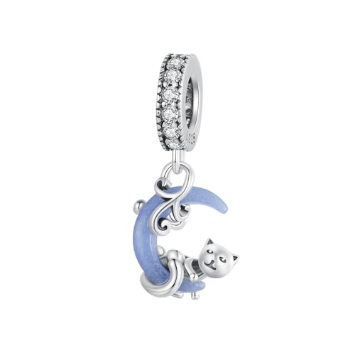 Qings Mondkatze Anhänger Charm Glow in the Dark 925 Sterling Silber Leuchtende Katze Cat Tier Charms Bead für Europäische Armbänder und Halsketten für Frauen Mädchen von Qings