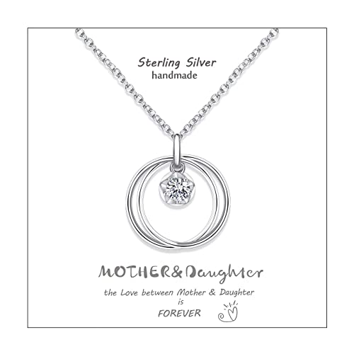 Qings Mutter Tochter Halskette 925 Sterling Silber 2 Kreise Anhänger Halskette Einzel Zirkonia Damen Kette Geburtstags Muttertag Geschenk für Mutter Tochter von Qings