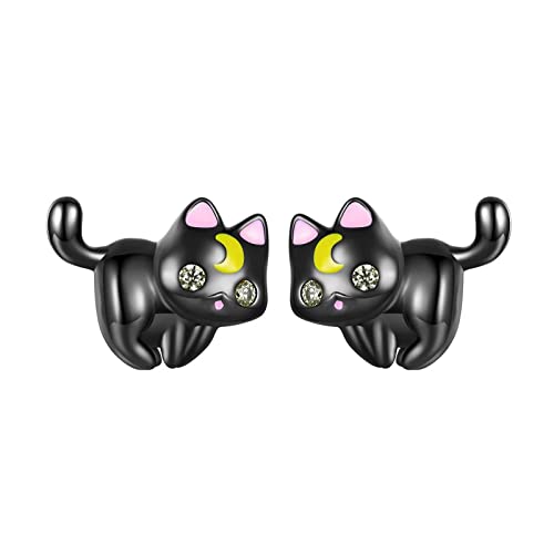 Qings Niedliche Katze Ohrstecker für Mädchen 925 Silber Kitty Tier Ohrstecker mit Gelben rosa Emaille Hypoallergene Katze Cubic Zirkonia Ohrringe für Frauen Mädchen Teens Katzenliebhaber von Qings