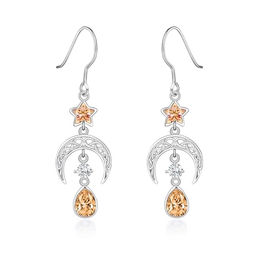 Qings November Citrin Geburtsstein Ohrringe für Damen 925 Sterling Silber Keltische Mond und Stern Tropfen Ohrringe mit Ovalen Zirkonia Geburtstags Schmuckgeschenke für Familie und Freunde von Qings