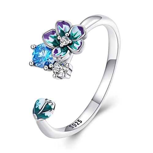 Qings Offener Ring mit glänzender Blume 925er Sterlingsilber blühende lila Blumen glänzende Knospe verstellbarer Ring für Frauen und Mädchen von Qings