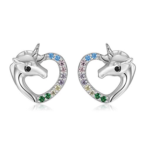 Qings Ohrstecker Ohrringe Einhorn Silber 925 Herz mit Bunt Zirkonia Sterling Silber Schmuck für Frauen Damen Mädchen mit Geschenkbox von Qings