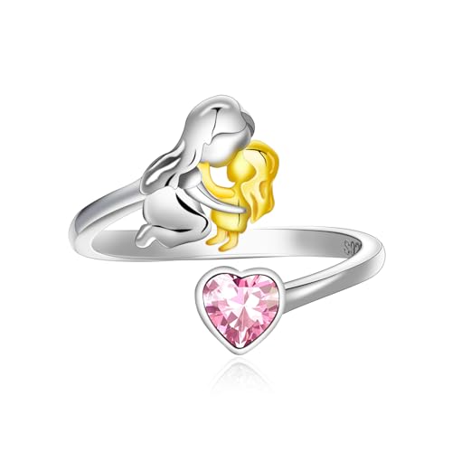 Qings Oktober Turmalin Geburtsstein Ring mit Mama Töchter Design 925 Sterling Silber Mutter und Tochter Herz Zirkonia Ring von Qings