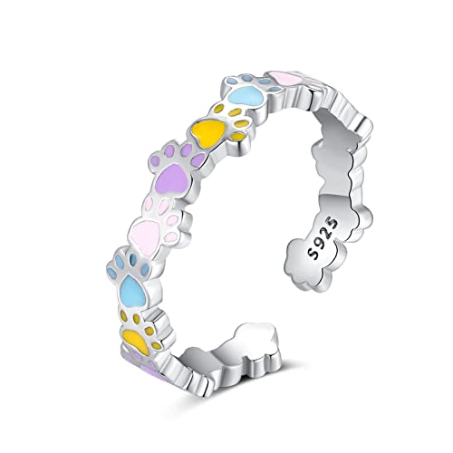 Qings Pfote Hund Verstellbare Ringe 925 Sterling Silber Katzen Pfoten Offener Ringe Bunt Pfotenabdruck Tierring Süße Fußabdrücke Geburtstag Geschenk für Mädchen Damen von Qings