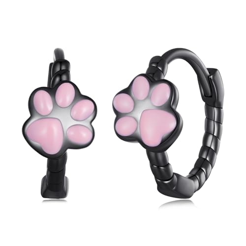 Qings Pfotenabdruck Creolen Ohrringe für Damen, 925 Sterling Silber Rosa Katze Pfote Schwarze Creolens Ohrring Tier Pfote Klein Hoop Huggie, Süß Katzen Schmuckgeschenk für Frauen Mädchen Tochter von Qings