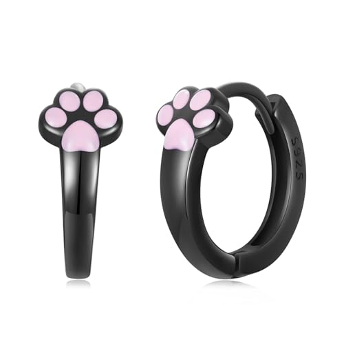 Qings Pfotenabdruck Creolen Ohrringe für Damen, 925 Sterling Silber Rosa Katze Pfote Schwarze Creolens Ohrring Tier Pfote Klein Hoop Huggie, Süß Katzen Schmuckgeschenk für Frauen Mädchen Tochter von Qings