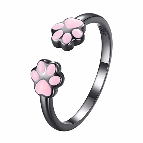 Qings Pfotenabdruck Verstellbare Ring 925 Sterling Silber Tiere Offener Ringe Schwarz Vergoldet Rosa Emaille Katze Ring Schmuck Geschenk für Damen Mädchen von Qings