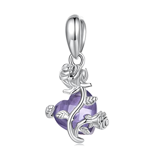 Qings Rose Anhänger Charm Silber Schmuck - Damen Herz Armband Anhänger 925 Sterling Silber Rosa Blume Lila Bead Pendant für Europäische Armbänder Halskette Schmuck Geschenke für Mädchen Frauen von Qings