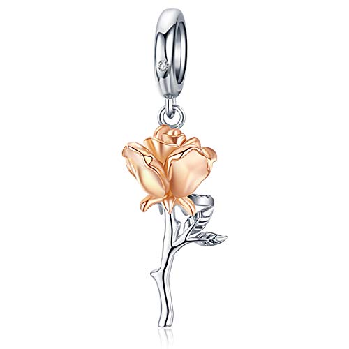 Qings Rose Anhänger Charm Sterling Silber - Rose Vergoldet Blume Charm für Armbänder Halskette, Schmuck Geschenke für Mädchen Frauen von Qings