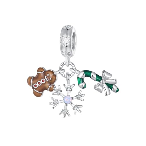 Qings Schneeflocken Anhänger Charm 925 Sterling Silber Weihnachten Bonbon Lebkuchenmann Charme Beads für Armbänder Halskette Geburtstag Weihnachtsgeschenke Schmuck für Frauen Mädchen von Qings