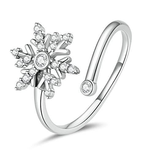 Qings Schneeflocken Ring für Damen 925 Sterling Silber Weihnachts Offener Verstellbarer Snowflake Zirkonia Ring Weihnachtsschmuck Geschenke für Familie Mutter von Qings