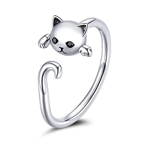 Qings Schöne Katze Verstellbarer Ring 925 Sterling Zirkonia Tier Ring Silber Einfache Niedliche Haustier Kitty Stapelbar Aussage Hochzeit Verlobung Fingerringe Modeschmuck Geschenke für Mädchen Frauen von Qings