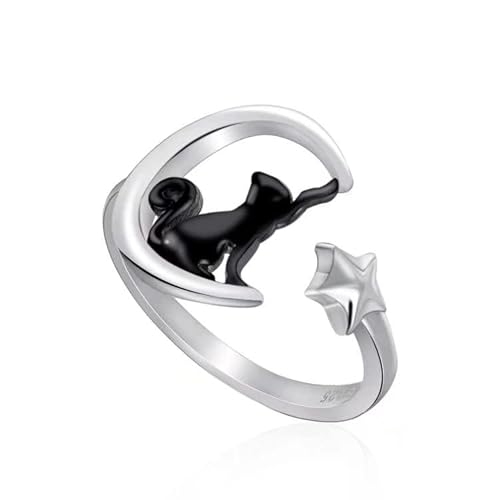Qings Schwarze Katze Damen Ring 925 Sterling Silber Katzen Ringe Kätzchen Offener Verstellbarer Ring für Frauen Mädchen Schmuck Geschenk von Qings