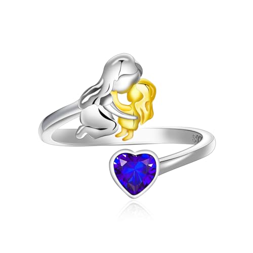 Qings September Saphir Geburtsstein Ring mit Mama Töchter Design 925 Sterling Silber Mutter und Tochter Herz Zirkonia Ring von Qings