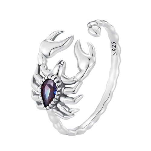 Qings Skorpion Schmuck für Damen Herren 925 Sterling Silber Skorpion Offener Verstellbarer Schwarzer Tier Vintage Daumen Ring von Qings
