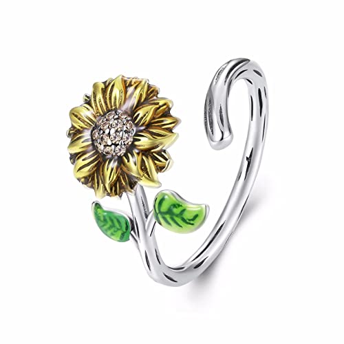 Qings Sonnenblumen Ring für Damen, 925 Sterling Silber Einstellbarer Blume Ringe Sie Sind Mein Sonnenschein Offener Ring Schmuck Geschenk für Frauen Mädchen von Qings