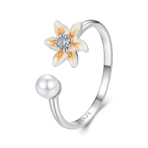 Qings Sterling Silber 925 Blume Ring für Frauen Gelb Foral Offener Verstellbarer Ring mit Perle von Qings