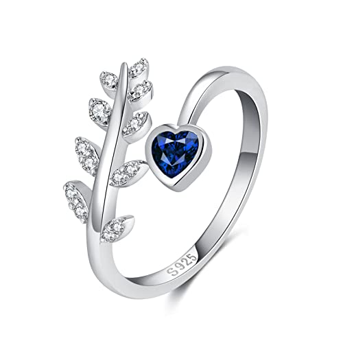 Qings Sterling Silber Verstellbarer Ring Damen Blatt Herz Geburtsstein Zirkonia Solitaire Birthstone Ring September Spinellblau für Frauen Mädchen von Qings