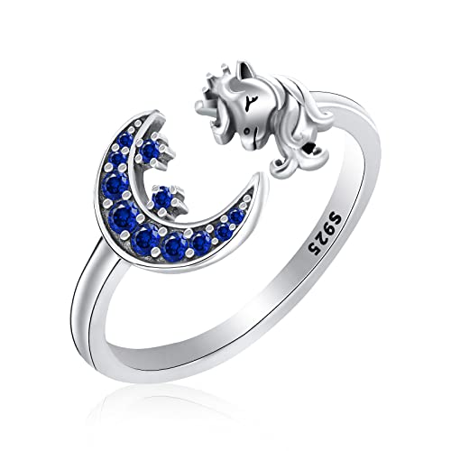 Qings Sterlingsilber Mond Ring Offen Verstellbare Einhorn Ringe mit Cubic Zirkonia Niedliche Tierringe Schmuck Geschenke für Tochter Frauen Mädchen Einstellbar Öffnen Größe 52-60 von Qings