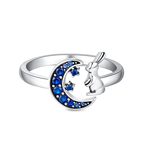 Qings Sterlingsilber Mond Ring Offen Verstellbare Kaninchen Ringe mit Cubic Zirkonia Niedliche Tierringe Schmuck Geschenke für Tochter Frauen Mädchen Einstellbar Öffnen Größe 52-60 von Qings