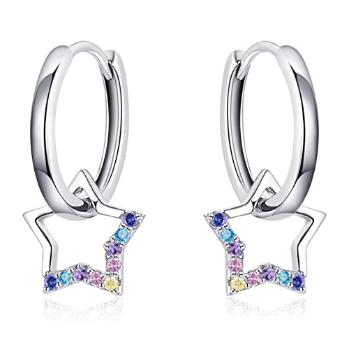 Qings Stern Creolen für Damenund Mädchen, 925 Sterling Silber Huggie Ohrringe Bunte Zirkonia Stern Ohrringe Zierliche hypoallergene kleine Dangle Sleeper Hoops für Mädchen Frauen Geburtstag von Qings