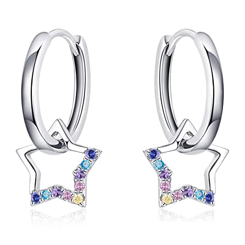 Qings Stern Creolen für Damenund Mädchen, 925 Sterling Silber Huggie Ohrringe Bunte Zirkonia Stern Ohrringe Zierliche hypoallergene kleine Dangle Sleeper Hoops für Mädchen Frauen Geburtstag von Qings
