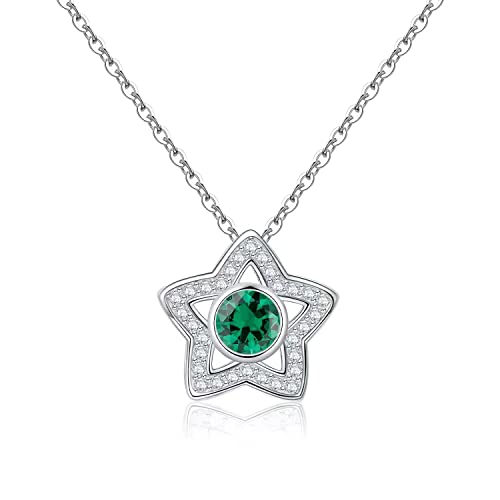 Qings Stern Geburtsstein-Halskette 925 Sterling Silber Glücklich Stern Anhänger Funkelnd Kubik Zirkonia Geschenk für Mädchen Damen von Qings