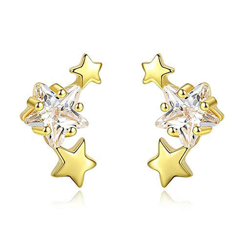 Qings Stern Ohrringe 925 Sterling Silber Gold 3 Sternchen Glitter Climber Stern Weißer Zirkonia Meteor Kleine Winzige Stern Crawler Ohrstecker Schmuck Geburtstagsgeschenk für Damen Mädchen von Qings