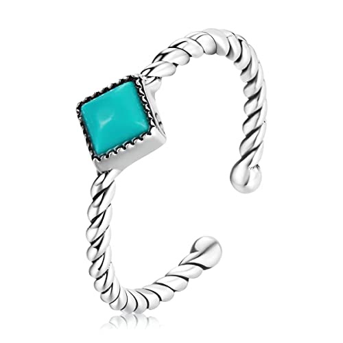 Qings Türkis Ring Sterling Silber - Verstellbar Offene Blau Ringe Quadrat Edelsteine Vintage Boho Zirkonia Finger Ring Mode Geburtstags Geschenke Schmuck für Damen Frauen Mädchen von Qings