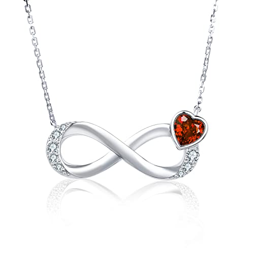 Qings Unendlichkeit Halskette mit Herz Granat Geburtsstein Januar 925 Sterling Silber Infinity Zirkonia Anhänger Ketten Geburtstag Valentinstag Weihnachten Muttertag Schmuck Geschenke für Damen von Qings