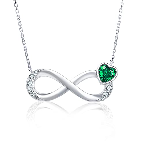 Qings Unendlichkeit Halskette mit Herz Smaragd Geburtsstein Mai 925 Sterling Silber Infinity Zirkonia Anhänger Ketten Geburtstag Valentinstag Weihnachten Muttertag Schmuck Geschenke für Damen von Qings