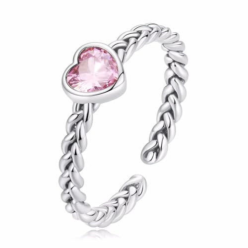 Qings Verstellbare Liebe Herz Ring für Damen 925 Sterling Silber Offener Ringe Rosa Herz Zirkonia Stapelbare Weben Ring Schmuck Geschenk für Frauen Mädchen von Qings