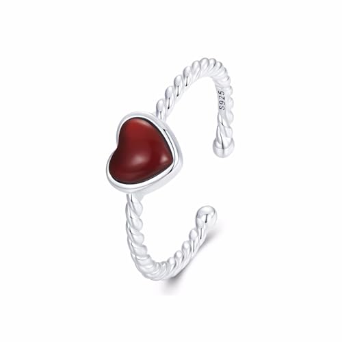 Qings Verstellbare Liebe Herz Ring für Damen 925 Sterling Silber Offener Ringe Rot Liebe Herz Achat Weben Ring Schmuck Geschenk für Frauen Mädchen, Geschenk-Box von Qings