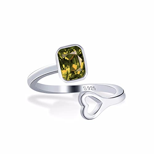 Qings Verstellbarer Geburtsstein Ring für Damen, 925 Sterling Silber Hohl Liebesherz August Geburtsstein Peridot Ringe Quadrat Zirkonia Offene Ringe Geburtstags Geschenk für Frauen Mädchen von Qings