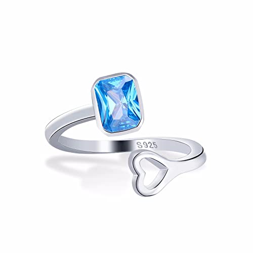 Qings Verstellbarer Geburtsstein Ring für Damen, 925 Sterling Silber Hohl Liebesherz Dezember Geburtsstein Blauer Topas Ringe Quadrat Zirkonia Offene Ringe Schmuck Geschenk für Frau Mädchen von Qings