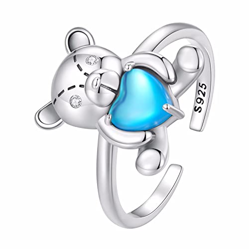 Qings Verstellbarer 925 Sterling Silber Ring - Niedlicher Teddybär Offener Ring Mit Blauem Liebesherz - Einstellbarer Tiere Schmuck Geschenk für Damen von Qings