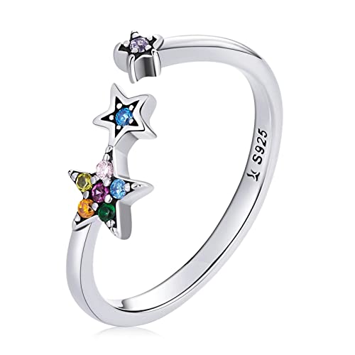 Qings Verstellbarer Stern Ring für Damen, 925 Sterling Silber Offener Ringe mit Buntem Zirkonia Glücks Stern Stapelbare Ringe Geburtstags Geschenk für Frauen Mädchen von Qings