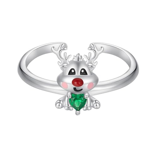 Qings Weihnachten Elch Ring für Damen 925 Sterling Silber Verstellbarer Offene Rentier Finger Ring Niedlich Rot Grün Zirkonia Tier Weihnachten Schmuck Geschenke für Mädchen Tochter Mutter von Qings