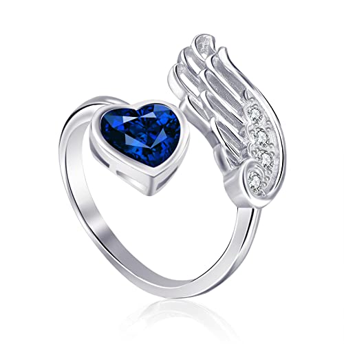 Qings Saphir September Geburtsstein Ringe Sterling Silber Damen Verstellbarer Birthstone Flügel Feder Dunkelblau Herz Zirkonia Verlobungsring Eheringe Geburtsstein Schmuck für Frau Freundin von Qings