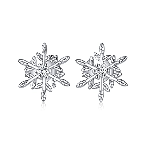 Schneeflocke Ohrstecker Ohrringe - Qings 925 Sterling Silber Weihnachten Süß Kleine Zirkonia Christmas Snowflake Earrings Schmuck Geschenk für Frauen Damen Mädchen von Qings